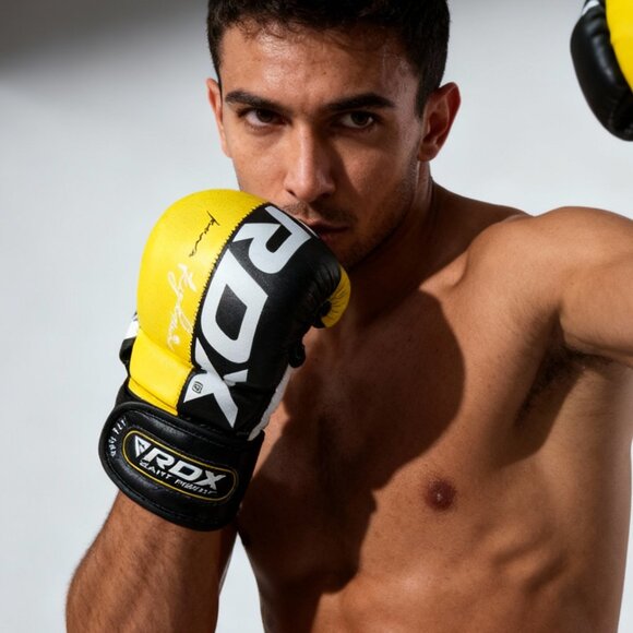 RDX Yellow/Black Sparring Gloves With Wrist Strap - Picture 2 of 9